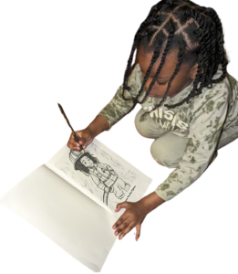A photo of a 6 year old black boy with braids as a hairstyle coloring in a Just Like Me Color Pages coloring book. 